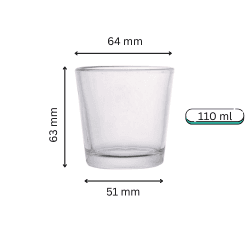 110 ml clear glass candle jar with wide mouth and taper base (dimensions visible)
