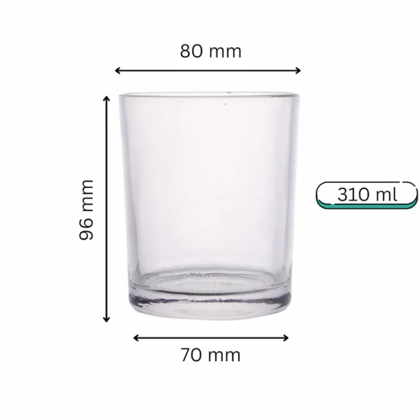 310 ml large clear candle glass jar with wide base and visible dimensions