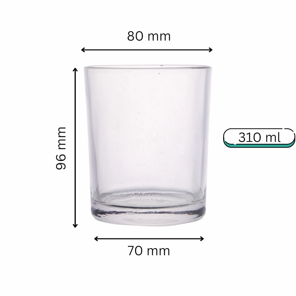 310 ml large clear candle glass jar with wide base and visible dimensions
