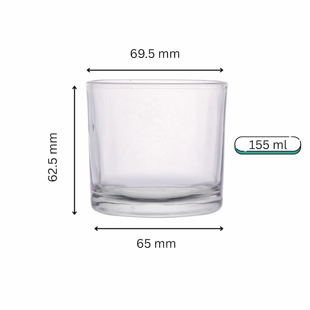 155 ml export-ready clear candle glass jar with wide cylindrical shape and dimensions