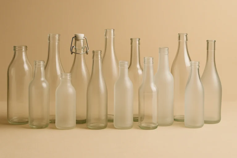 Glass bottle wholesale collection with various sizes and shapes including milk, juice, swing top bottles.
